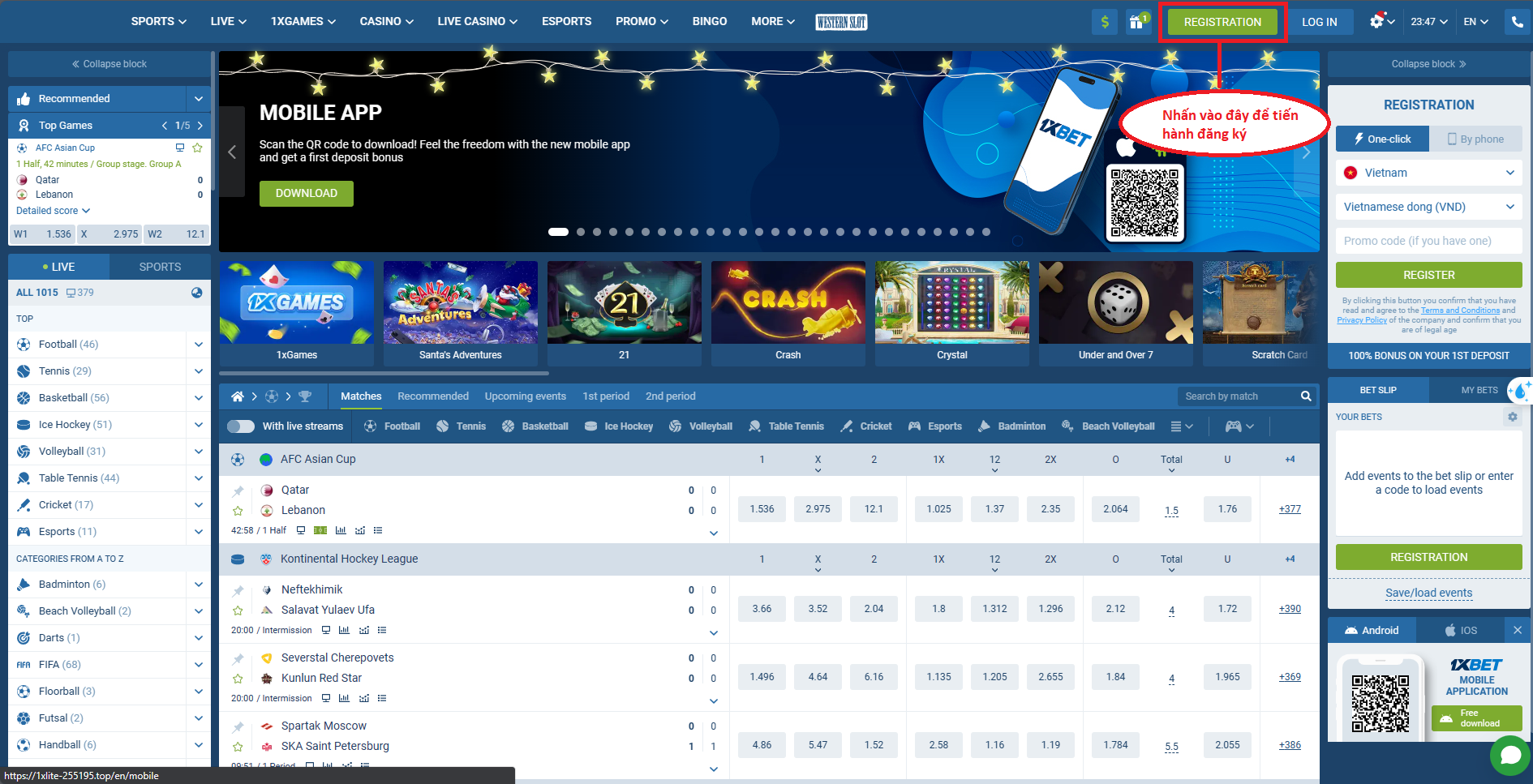 Đăng ký tại sòng bạc 1xbet