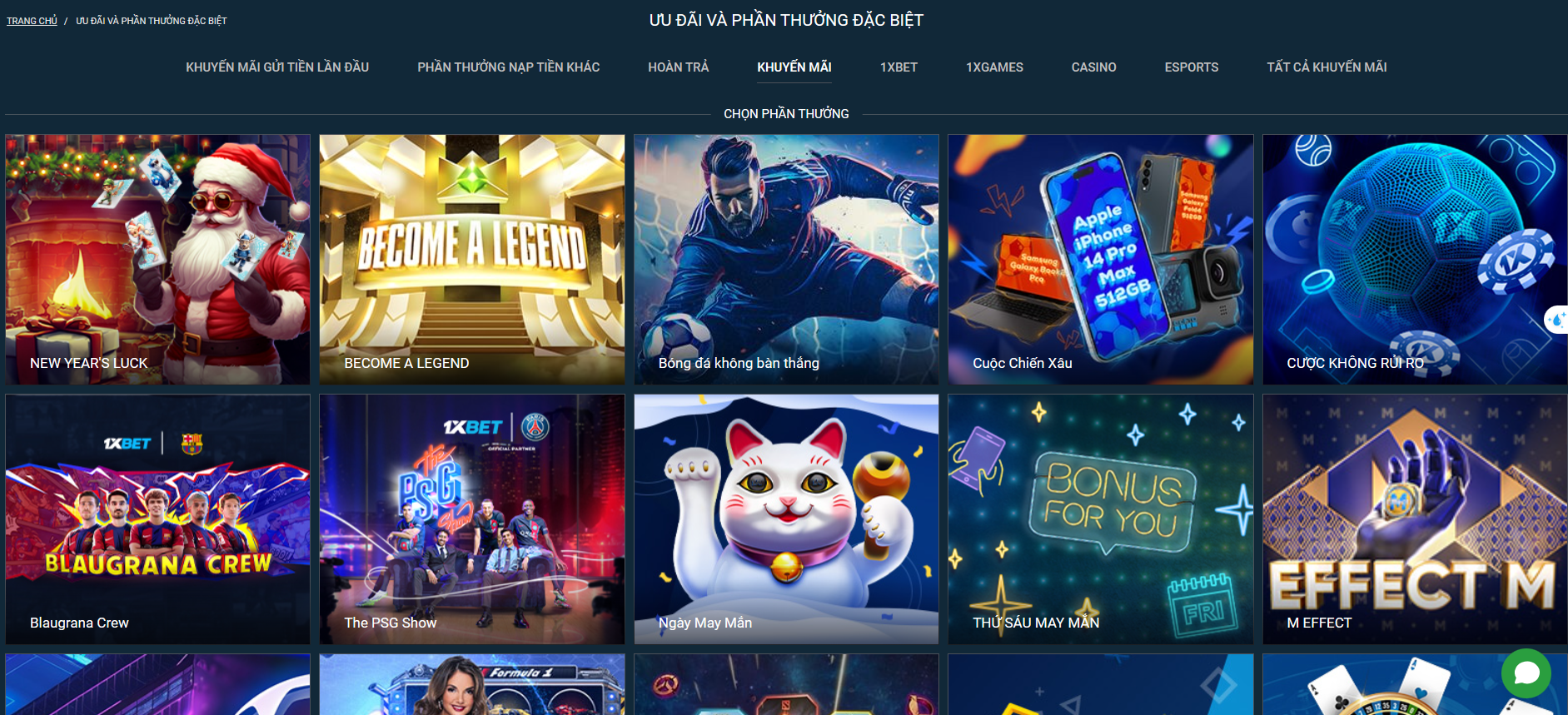 Danh sách mở rộng các phần thưởng phổ biến ở Việt Nam từ sòng bạc 1xBet
